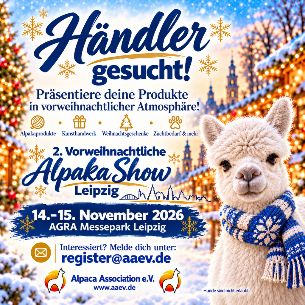 Händler gesucht: Präsentiere deine Produkte auf der 2. Vorweihnachtlichen Alpaka Show Leipzig, 14.–15. November 2026, AGRA Messepark Leipzig. Interessiert? Melde dich unter register@aaev.de