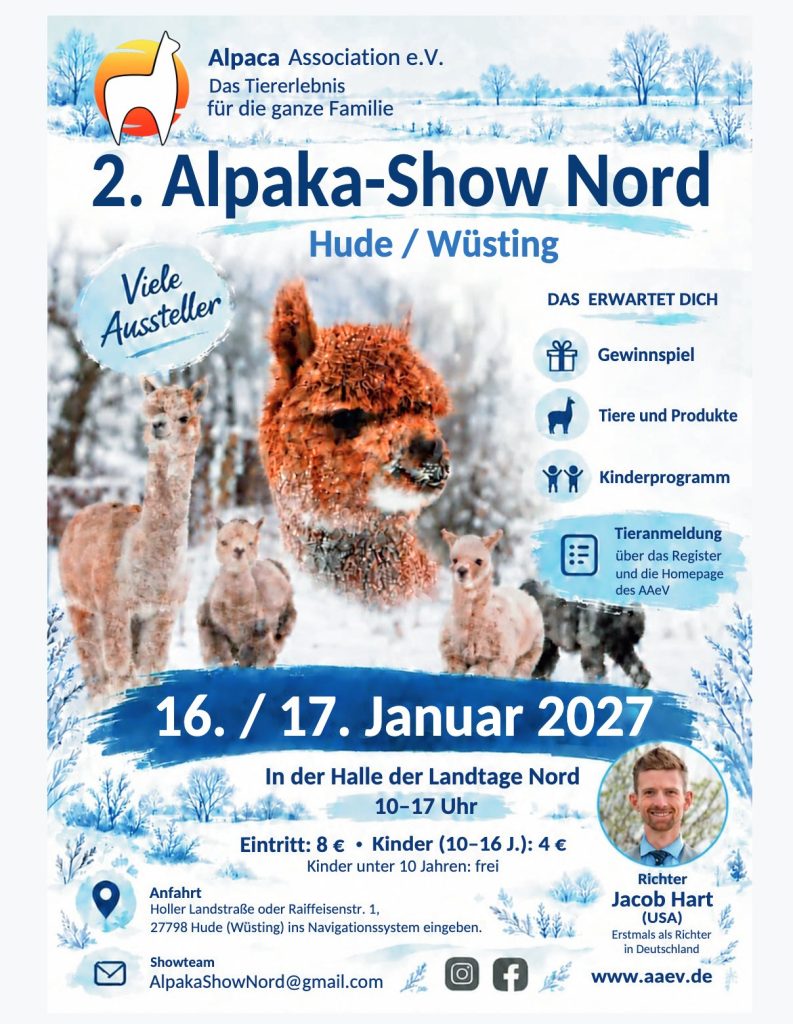 Flyer: 2. Alpaka-Show Nord in Hude/Wüsting, 16./17. Januar 2027, Halle der Landtage Nord, 10–17 Uhr, Eintritt 8 €, Richter Jacob Hart (USA)