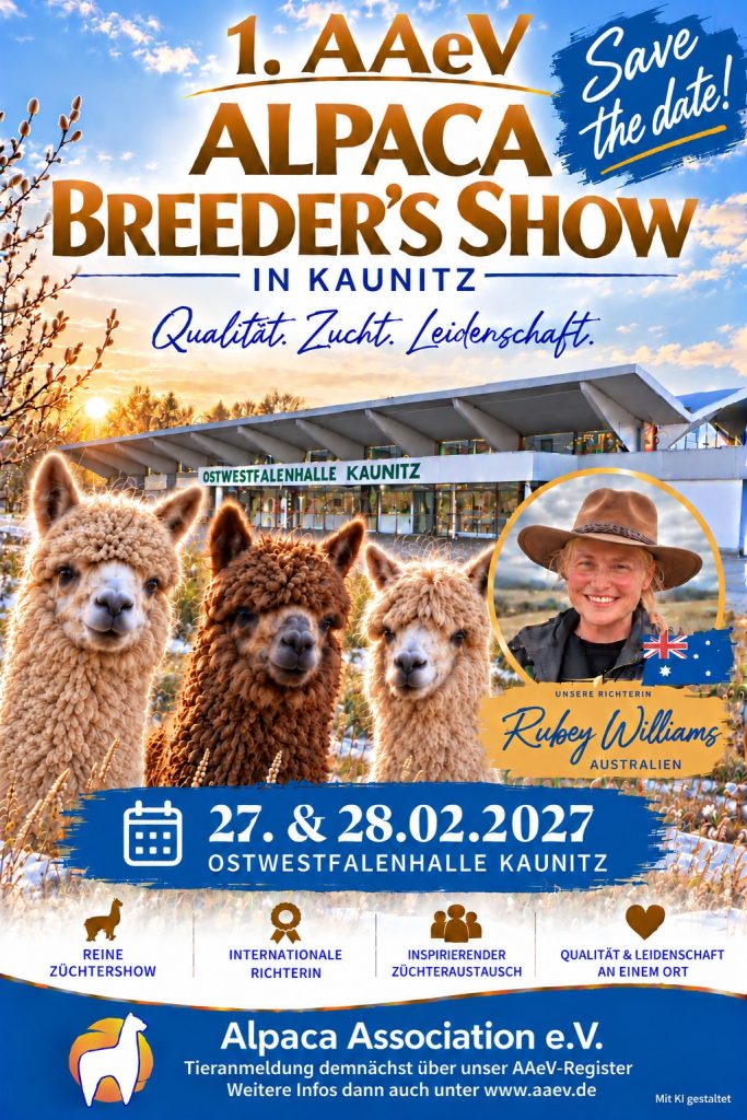Flyer: 1. AAeV Alpaca Breeder’s Show in Kaunitz, 27. und 28.02.2027, Ostwestfalenhalle Kaunitz, Richterin Rubey Williams aus Australien